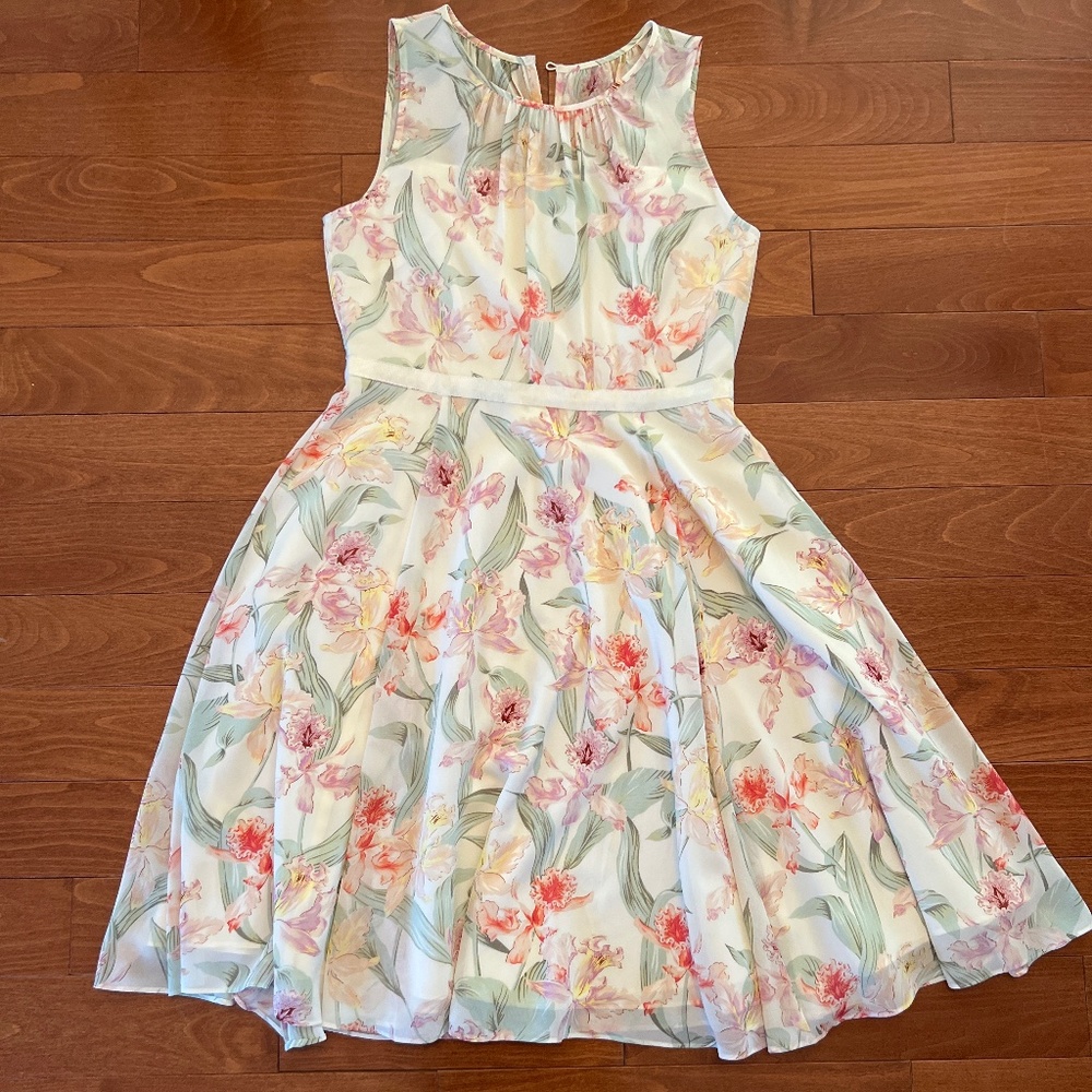 Ann Taylor cream and floral, sleeveless dress, size 2